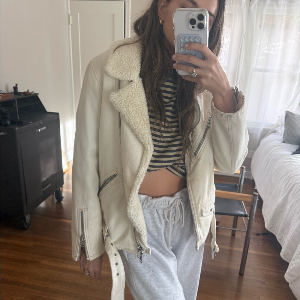 All Saints natural white faux sherpa lining denim biker jacket
